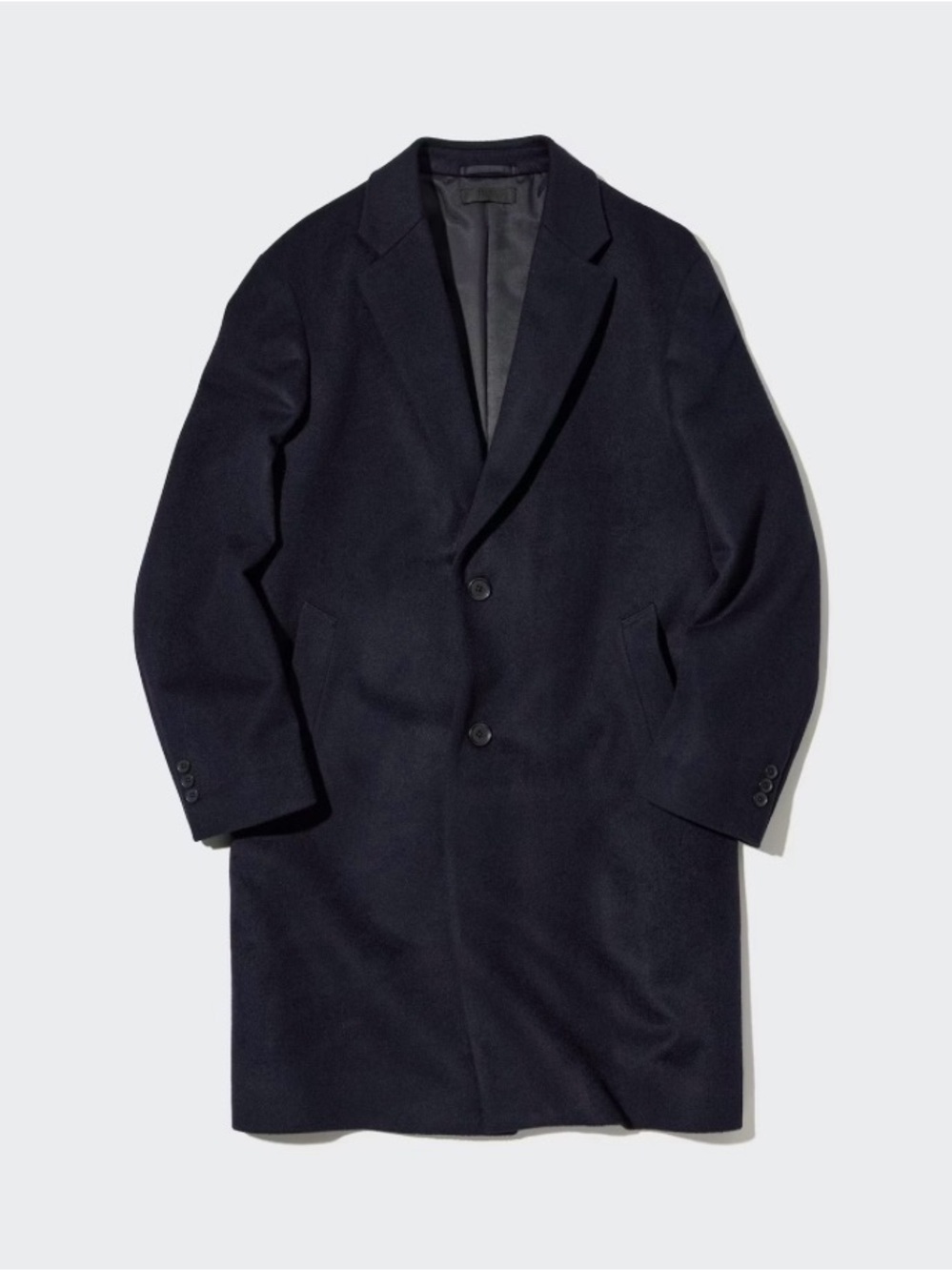 Uniqlo Mens NAVY Wool Cashmere Chesterfield Topcoat Sz M Fits L IMO No Flaws